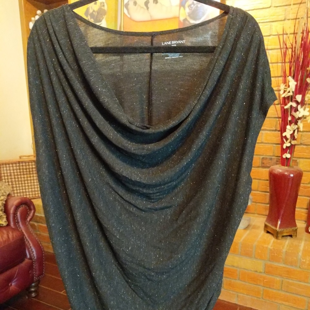 Lane Bryant Black Metallic Draped Cowl Neck Sleeve